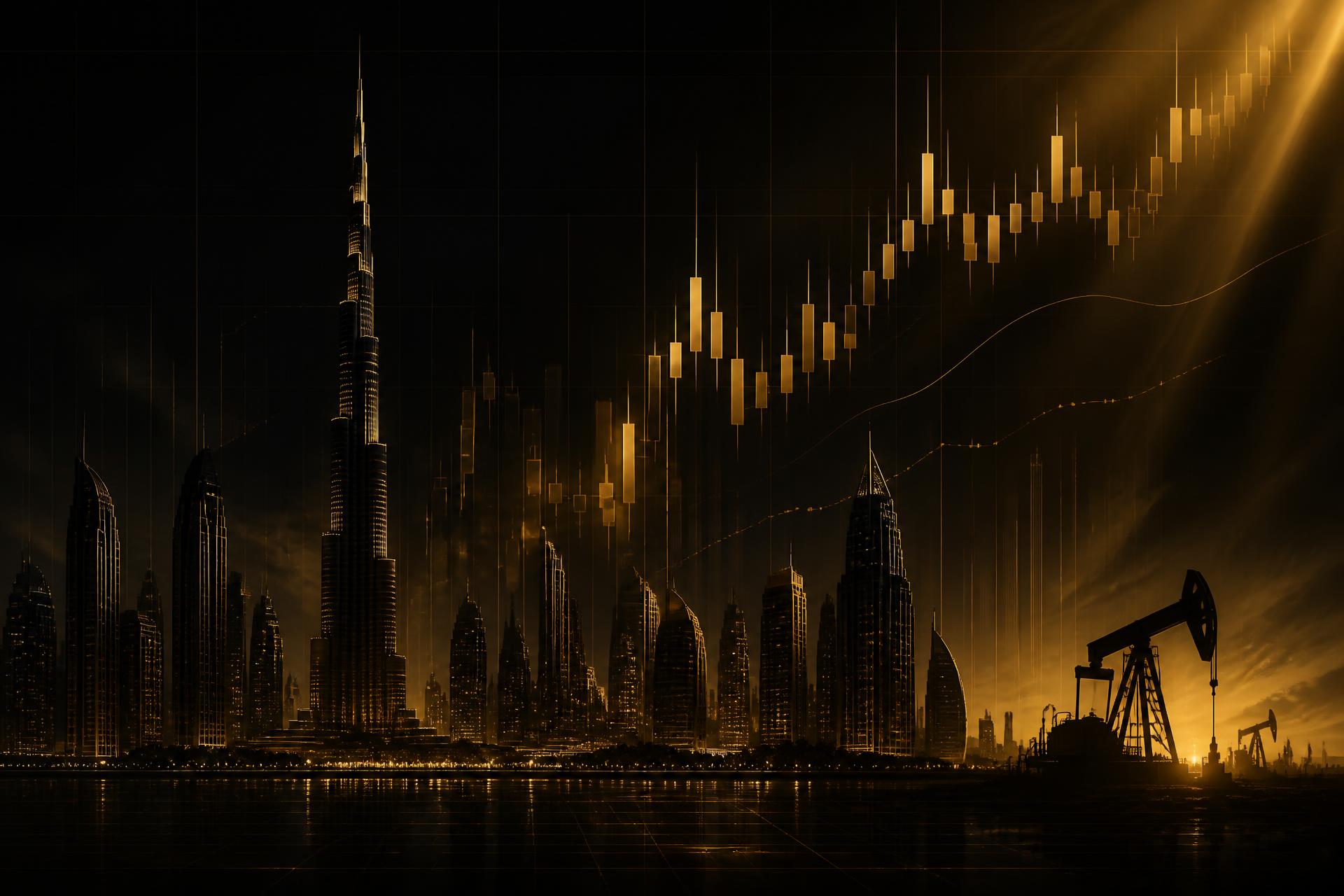 Skyline de Dubai com gráficos de velas japonesas e uma bomba de petróleo